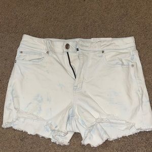 High Rise acid wash jean shorts.